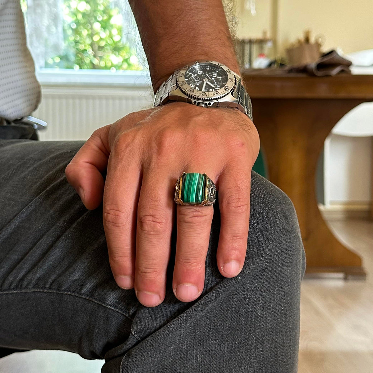 925 Sterling Silver Ring - Natural Malachite Stone Handmade Ring — 3