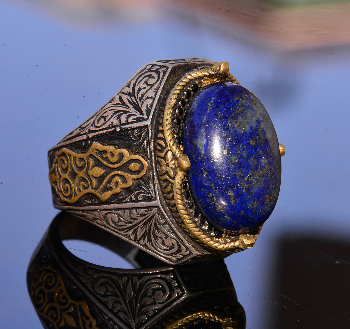 Handmade Vintage Design Emerald Ring - 925 Sterling Silver Men's Ring with Gold Parts (Lapis Lazuli) — 4