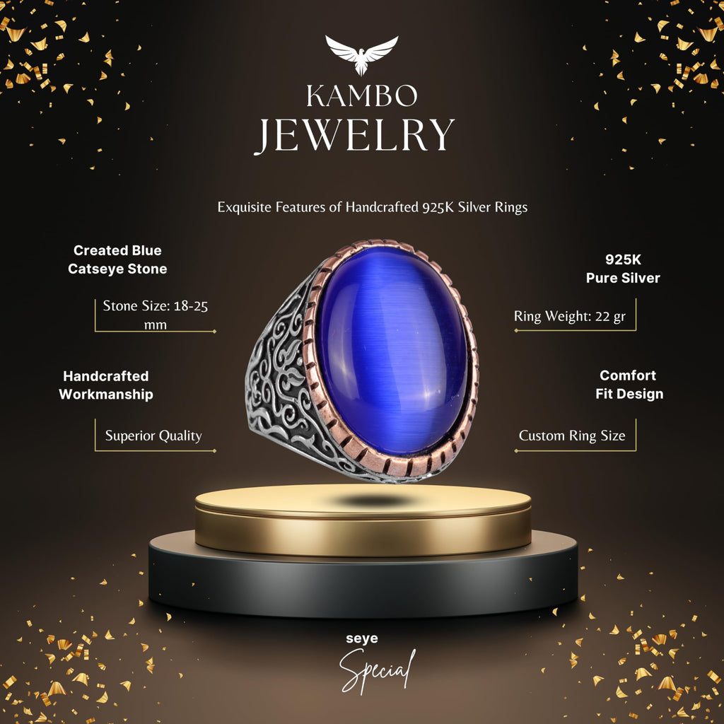 925 Sterling Silver Men's Ring - Big Ring (Dark Blue Cat Eye Stone) — 3