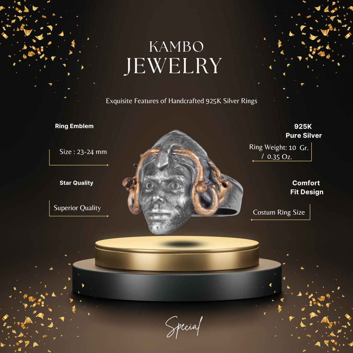 KAMBO 925 Sterling Silver Medusa Head Men's Ring – Handmade Mythological Gothic Ring (Gold Plated) — 2