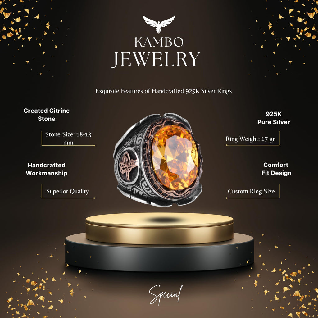 Ottoman Tugra Silver Ring, Orange Citrine Stone Ring — 2