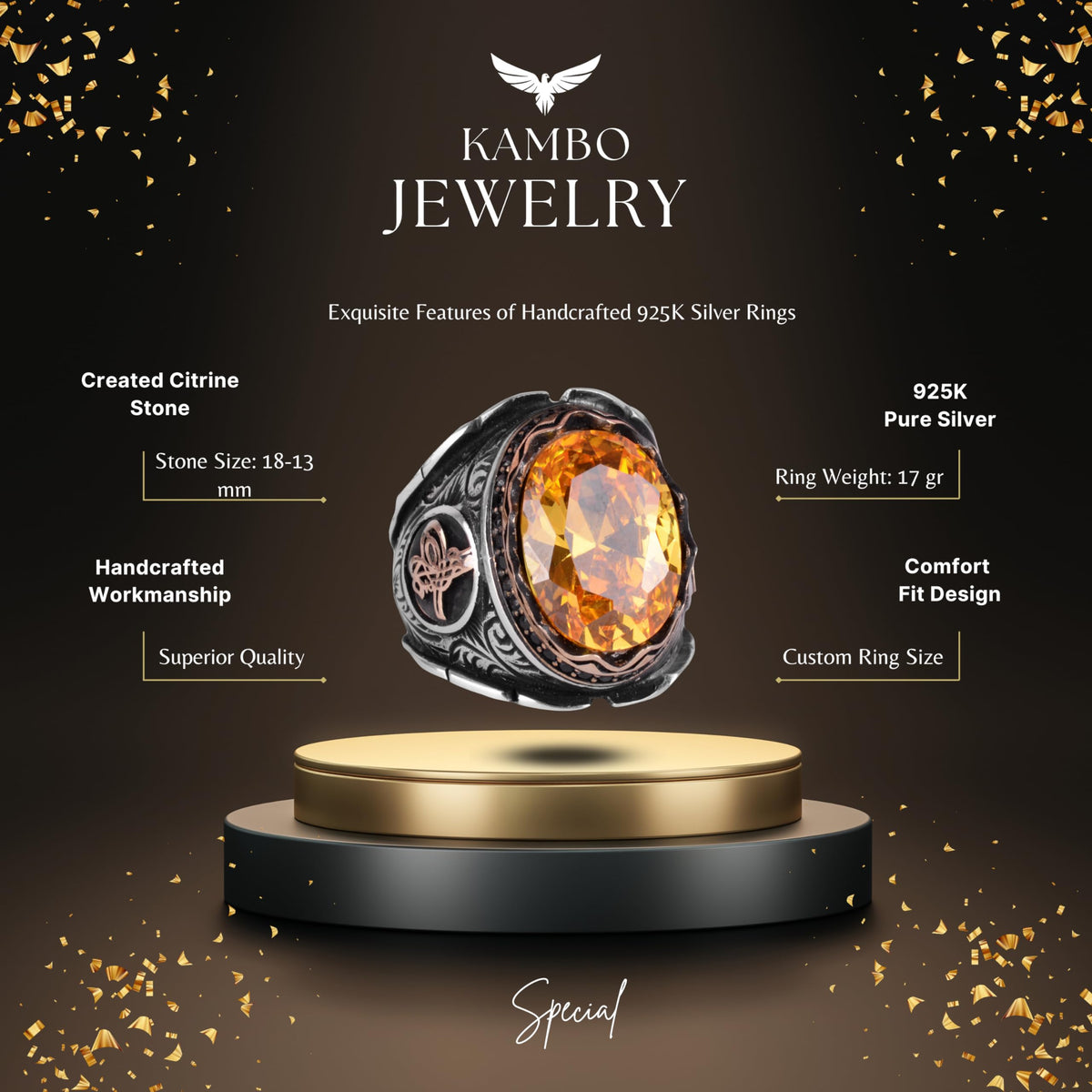 Ottoman Tugra Silver Ring, Orange Citrine Stone Ring — 2