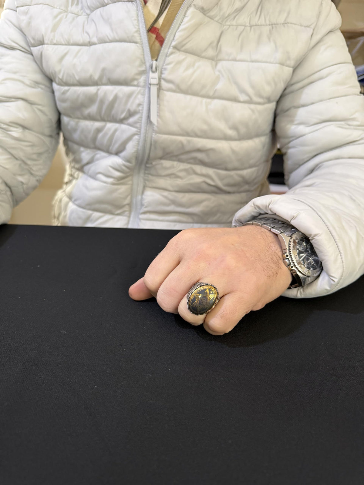 KAMBO Natural Hematite Stone Star of David Ring – 925 Sterling Silver Men's Large Oval Statement Ring – Ornate Carved Vintage Design — 3