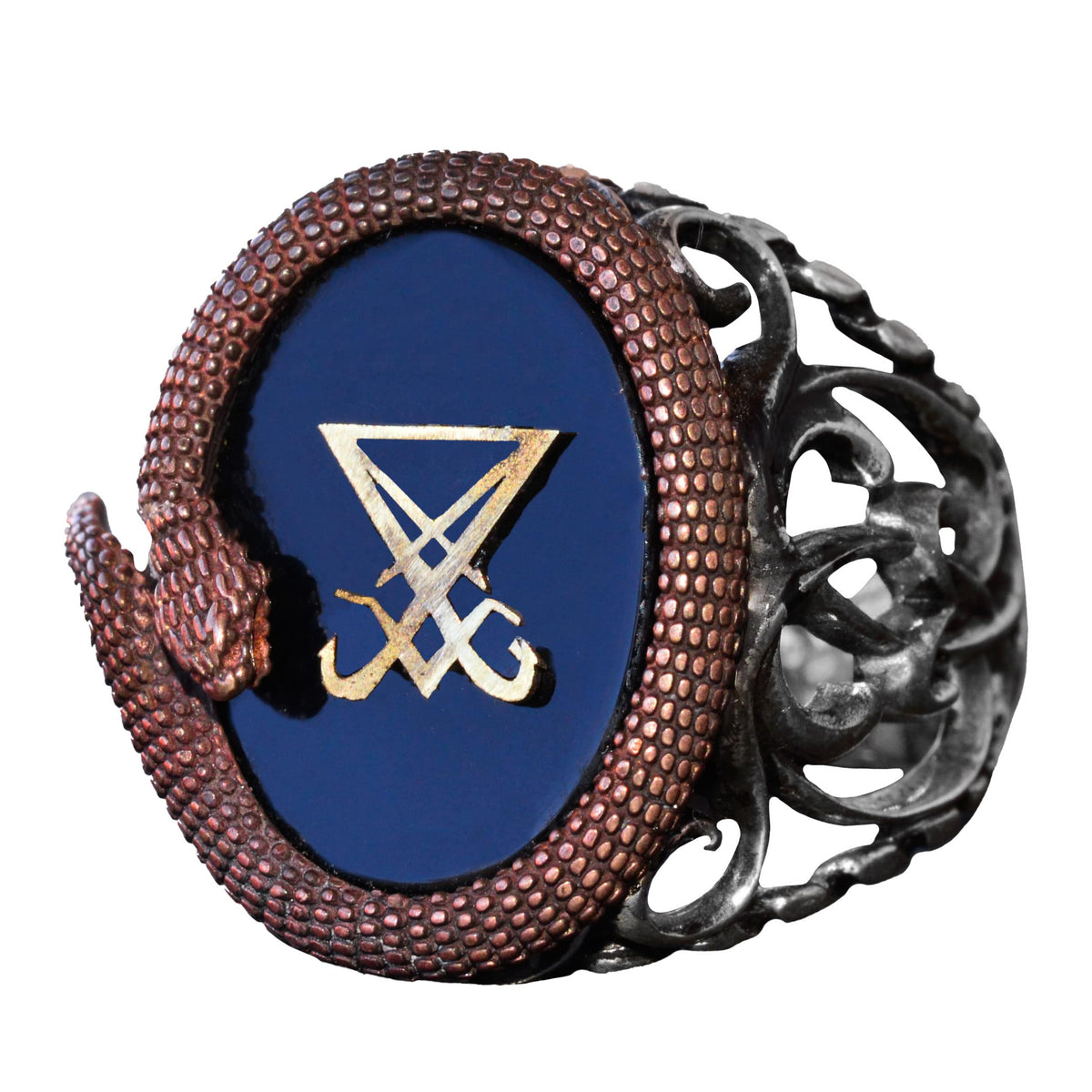 925 Sterling Silver Men's Ring - Artificial Onyx Stone - Snake Design - Signet Ring (Lucifer)