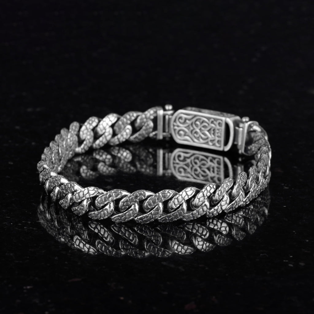 925 Sterling Silver Men's Bracelet - Handmade Textured Chain Bracelet — 4