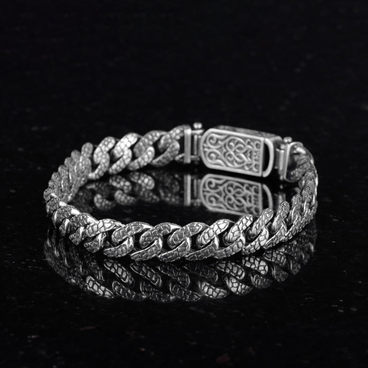 925 Sterling Silver Men's Bracelet - Handmade Textured Chain Bracelet — 4