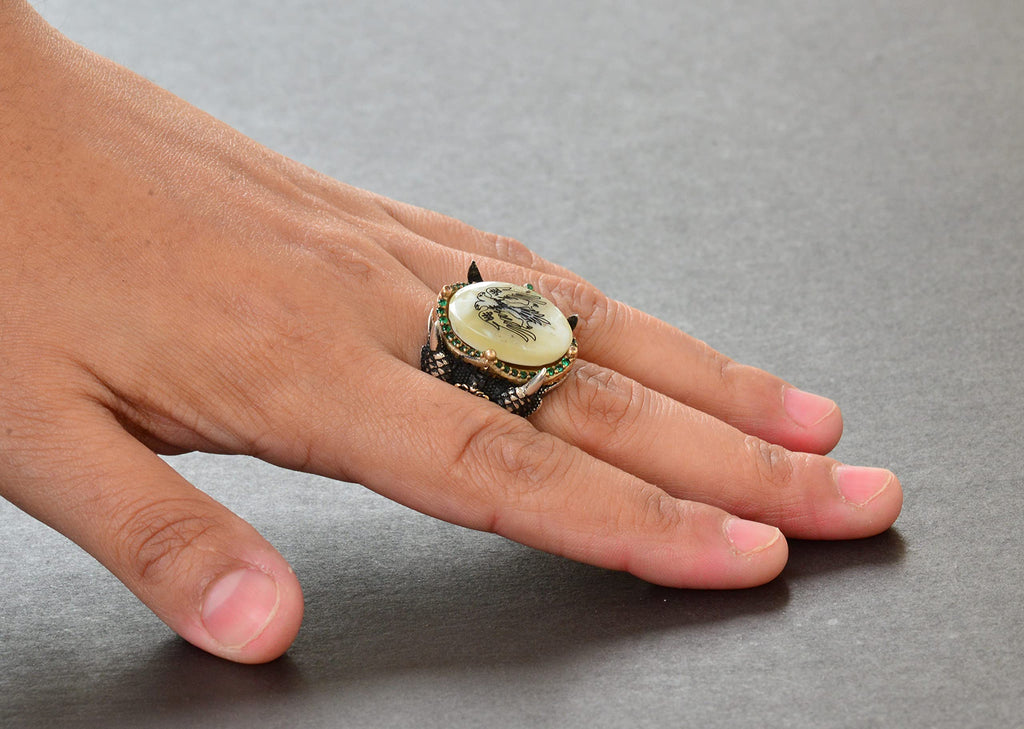 Silver Double-Headed Eagle Ring - Green Stones and Pearl — 6