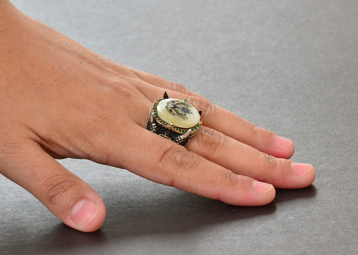 Silver Double-Headed Eagle Ring - Green Stones and Pearl — 6