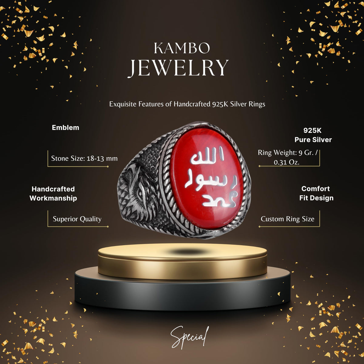Islamic Men's Ring - Eagle Symbol Ring - 925 Sterling Silver Handmade Men's Ring (Red) — 2