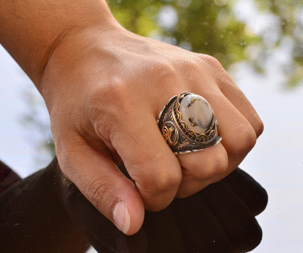 Natural Yemen Agate Stone Ring, 925 Sterling Silver Ottoman Ring — 7