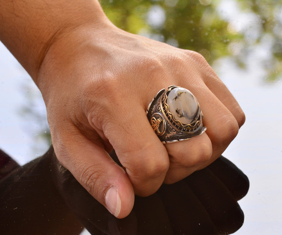 Natural Yemen Agate Stone Ring, 925 Sterling Silver Ottoman Ring — 7