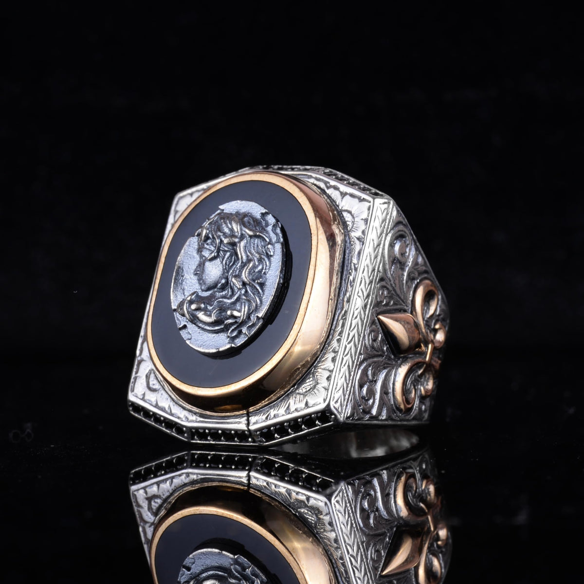 Black Patterned Stone Men's Large Ring – 925 Sterling Silver Vintage Statement Ring (Model-2) — 5