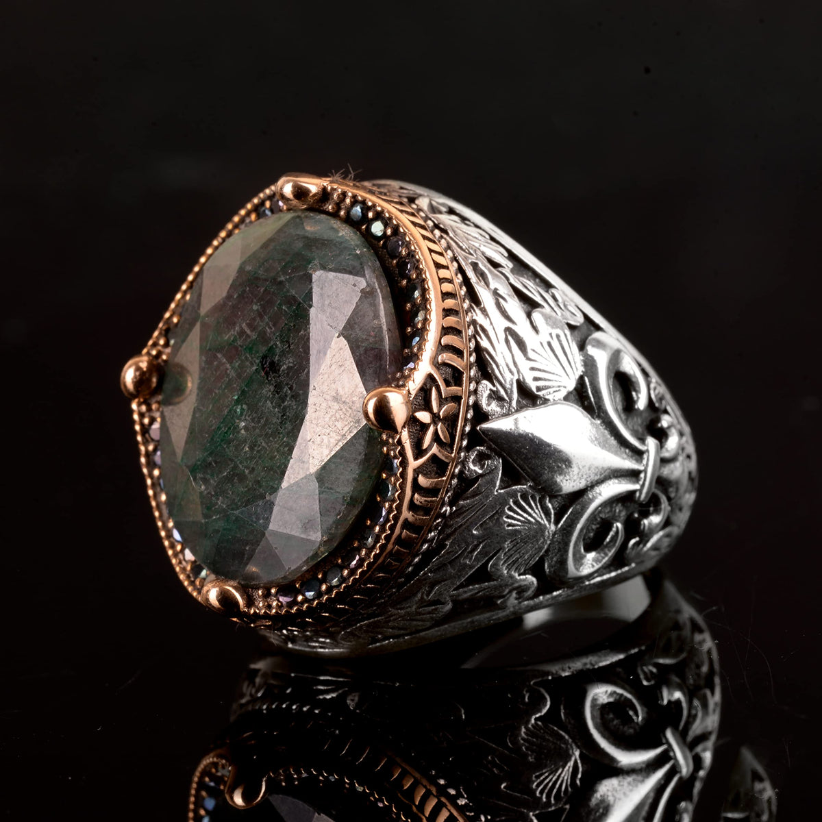 KAMBO Handmade 925 Sterling Silver Emerald Ring for Men, Vintage Art Deco Statement Cocktail Ring, Genuine Emerald Gemst