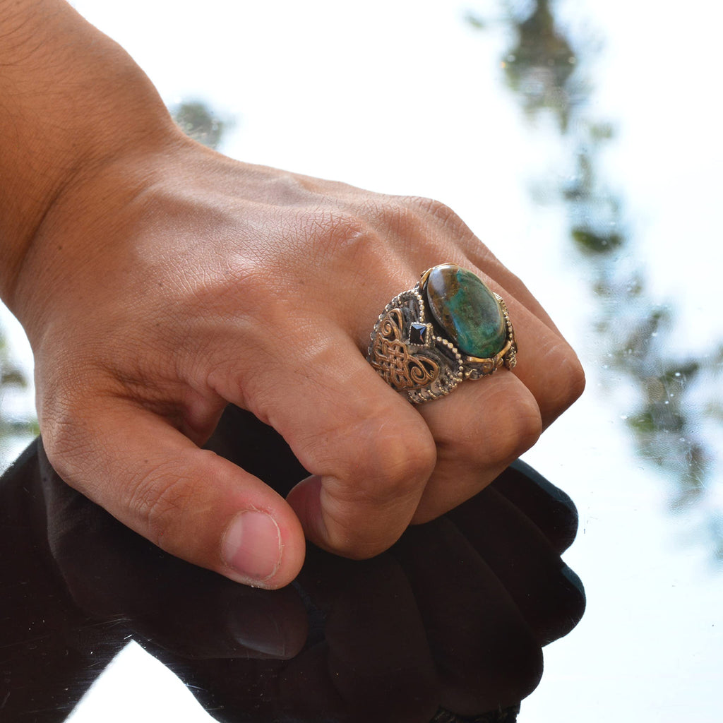 Handmade Natural Turquoise Ring with Celtic Knot Design - 925 Sterling Silver Men's Ring — 6