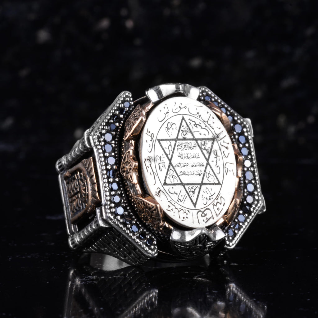 KAMBO Large Men's 925 Sterling Silver Ring Figure – Bronze Detail – Carved Statement Ring (Star of David) — 6