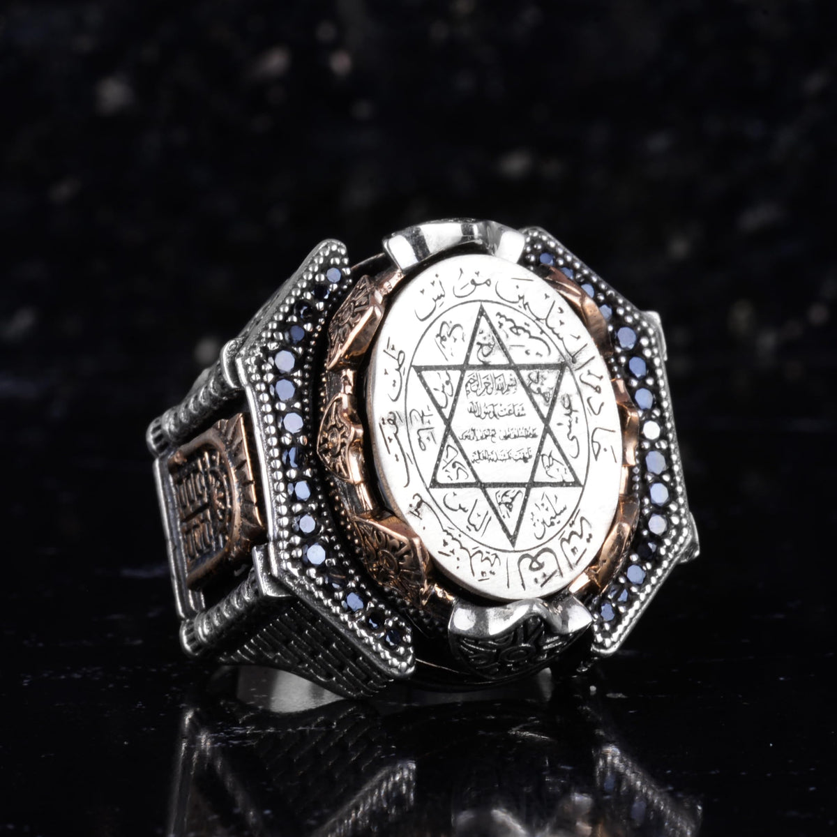 KAMBO Large Men's 925 Sterling Silver Ring Figure – Bronze Detail – Carved Statement Ring (Star of David) — 6