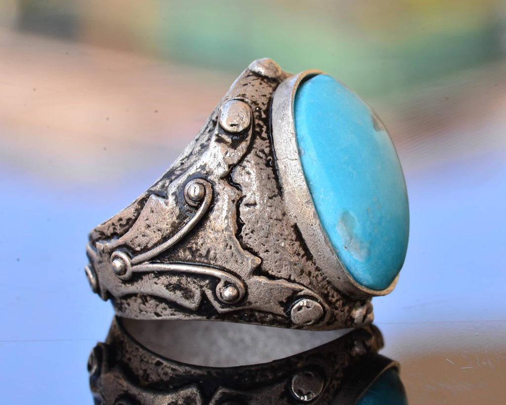 925 Sterling Silver Real Arizona Turquoise Gemstone Byzantium Men's Ring - Genuine Handmade Jewelry (Style-3)