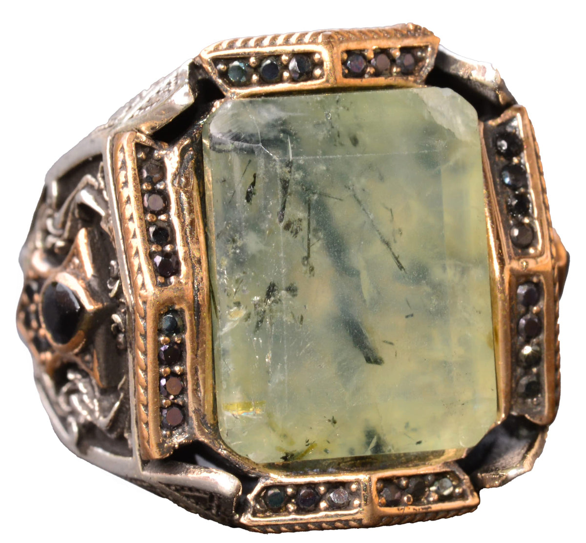 KAMBO Handmade Sterling Silver Men's Ring with Genuine Prehnite Gemstone, King Style Band, Vintage Statement Jewelry, 92