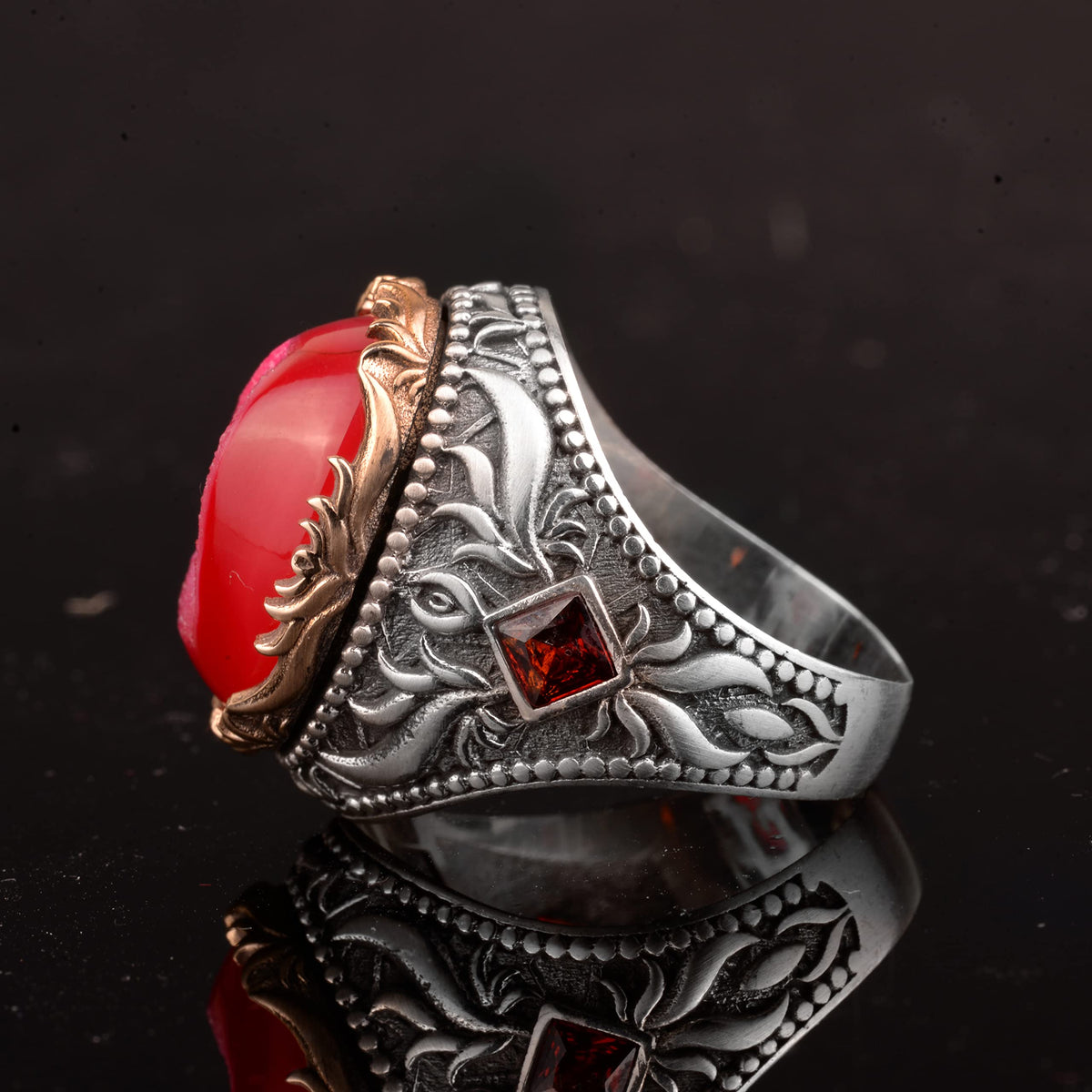 Vintage Men's 925 Sterling Silver Ring Druzy Quartz, Red — 4