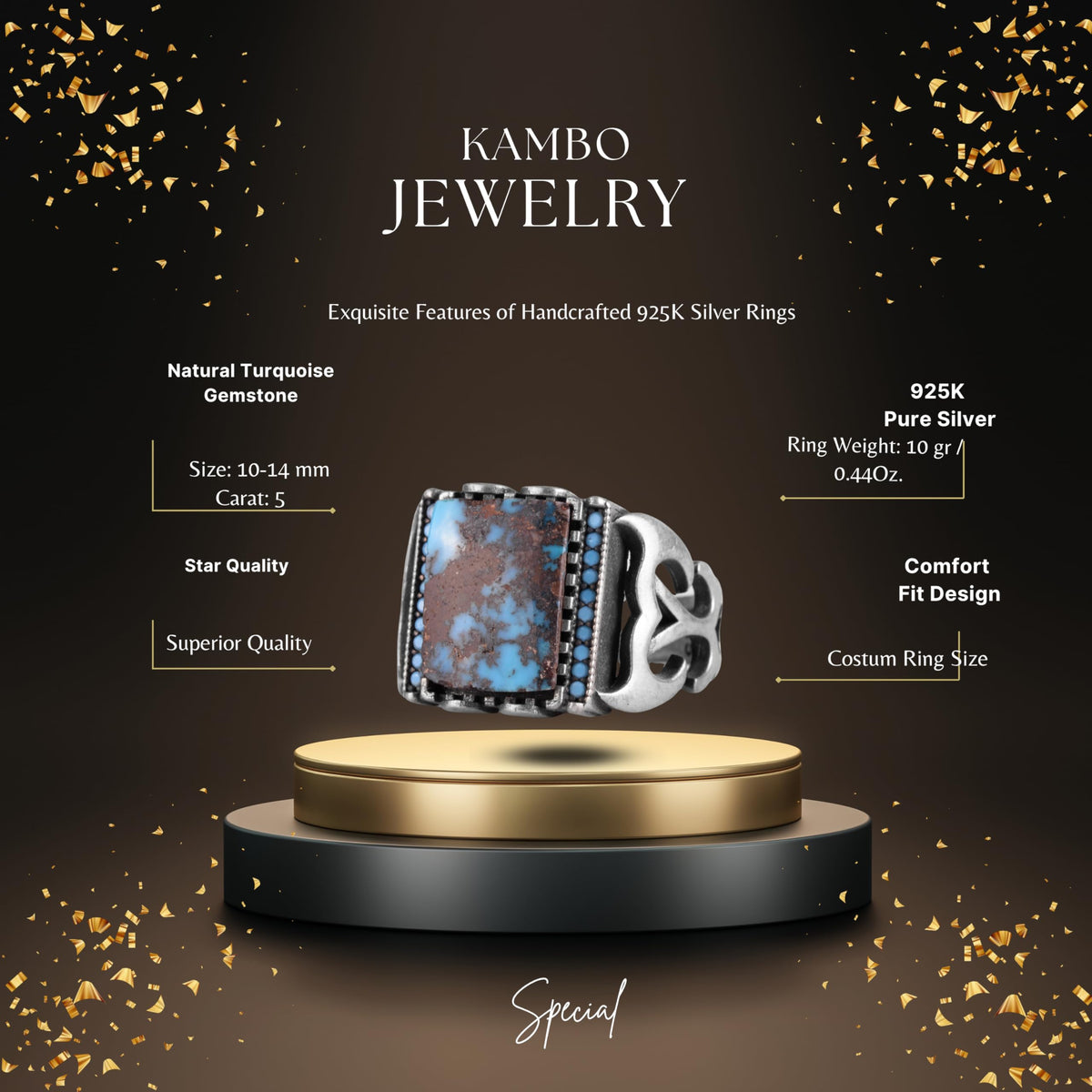 KAMBO Natural Turquoise Stone Ring for Men - 925 Sterling Silver Handmade Statement Ring - Vintage Artisan Turkish Jewelry — 2