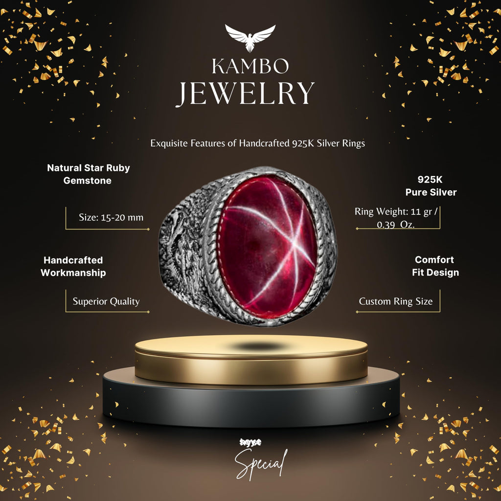 Natural Stone Men's Ring - Star Ruby, 925 Sterling Silver — 2