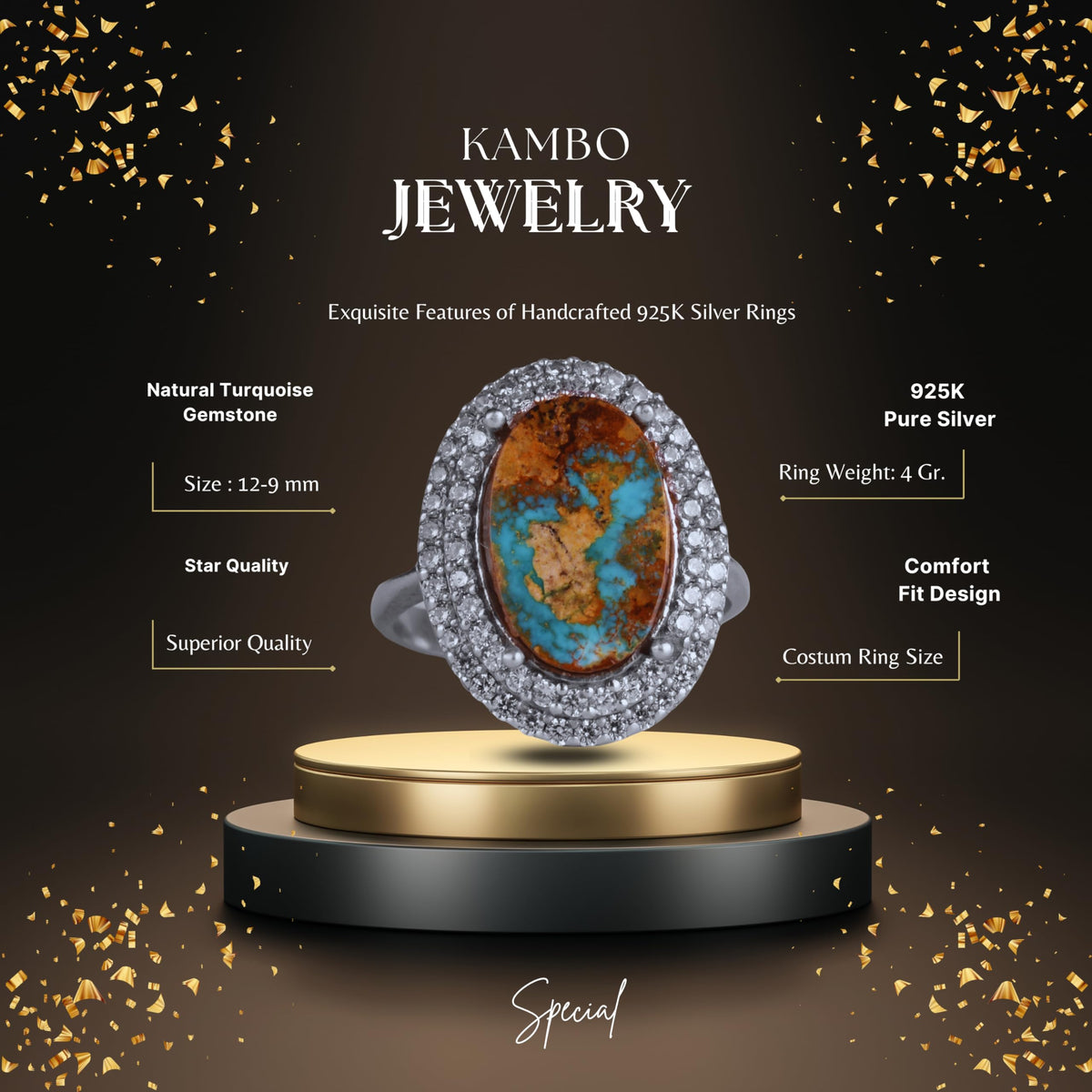 KAMBO Natural Turquoise Stone Elegant Women's Ring – 925 Sterling Silver Handmade Jewelry (Style-30) — 2