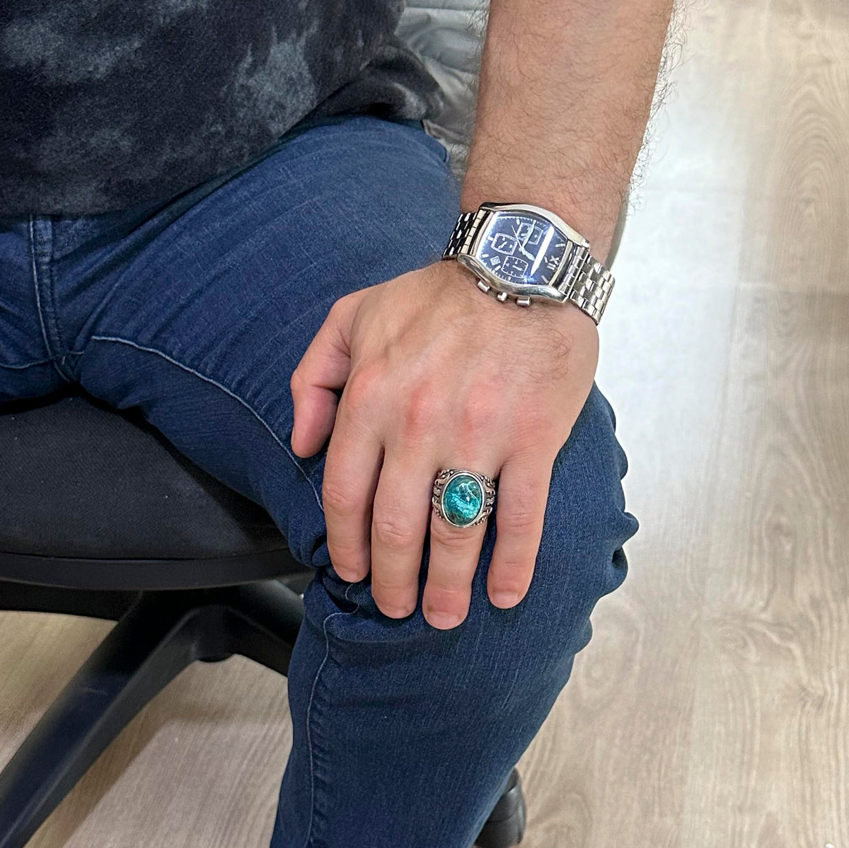 Natural Chrysocolla Stone Ring, 925 Sterling Silver Men's Ring (Model-3) — 3