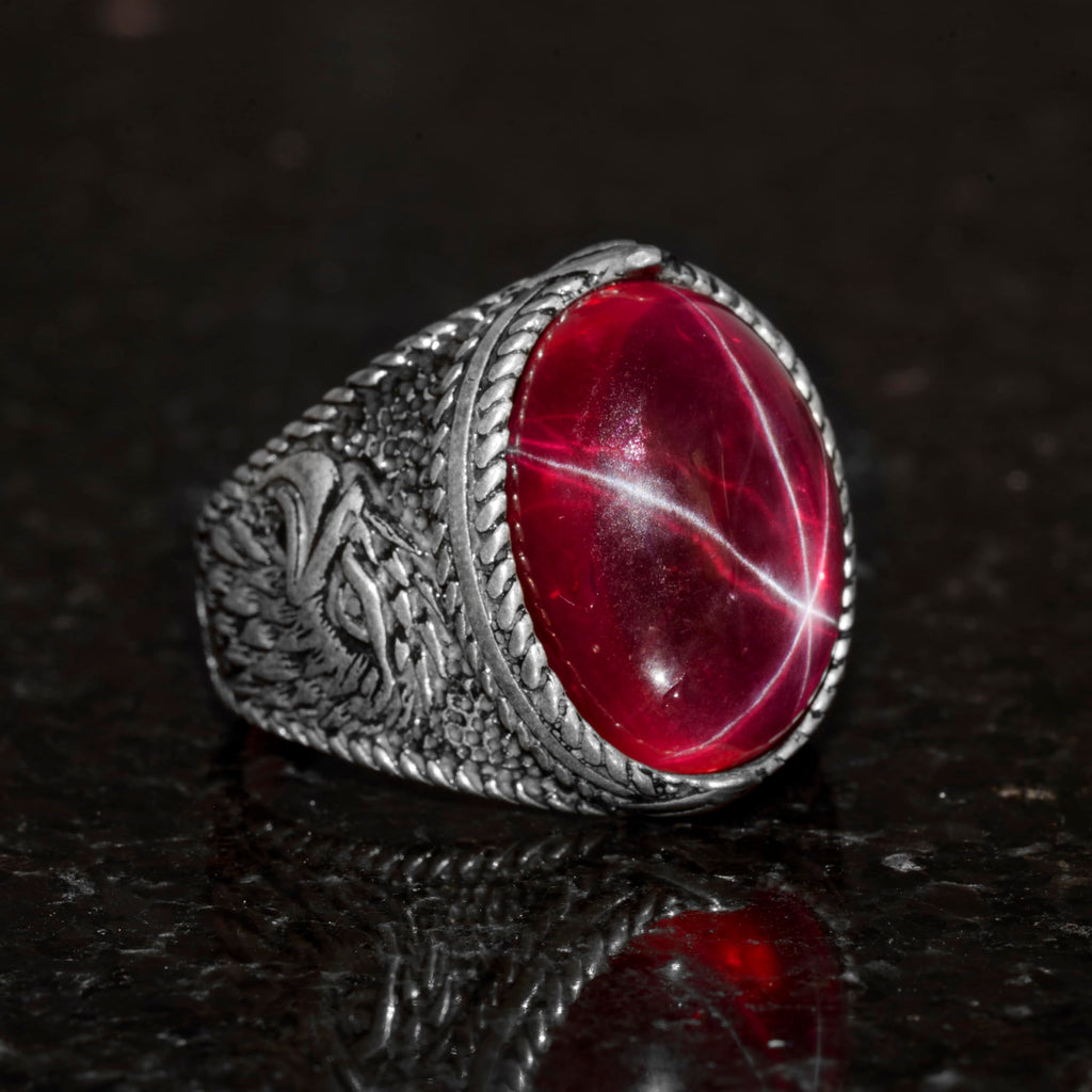 Natural Stone Men's Ring - Star Ruby, 925 Sterling Silver — 6