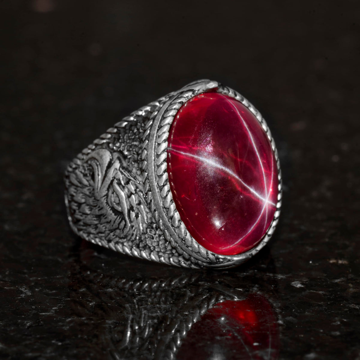 Natural Stone Men's Ring - Star Ruby, 925 Sterling Silver — 6