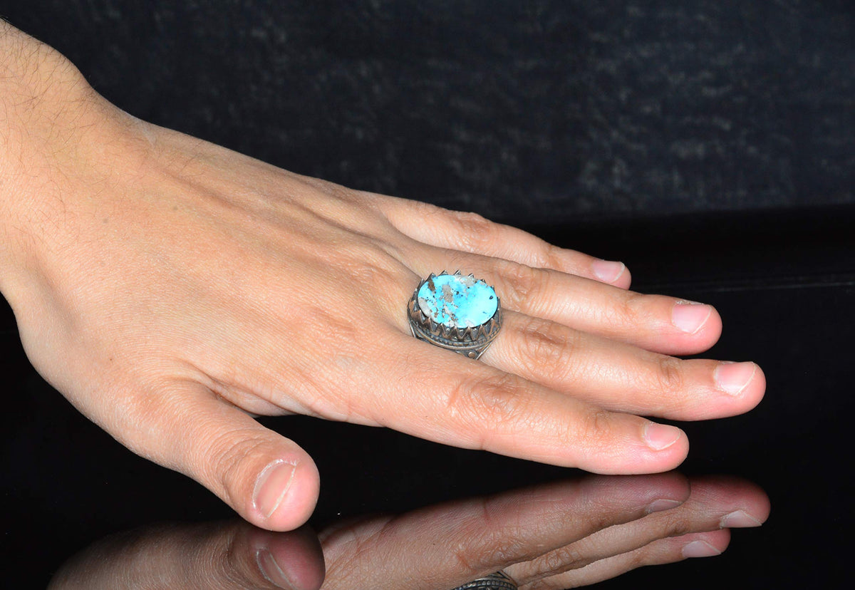 Natural Arizona Turquoise Stone, Silver Men's Ring — 6