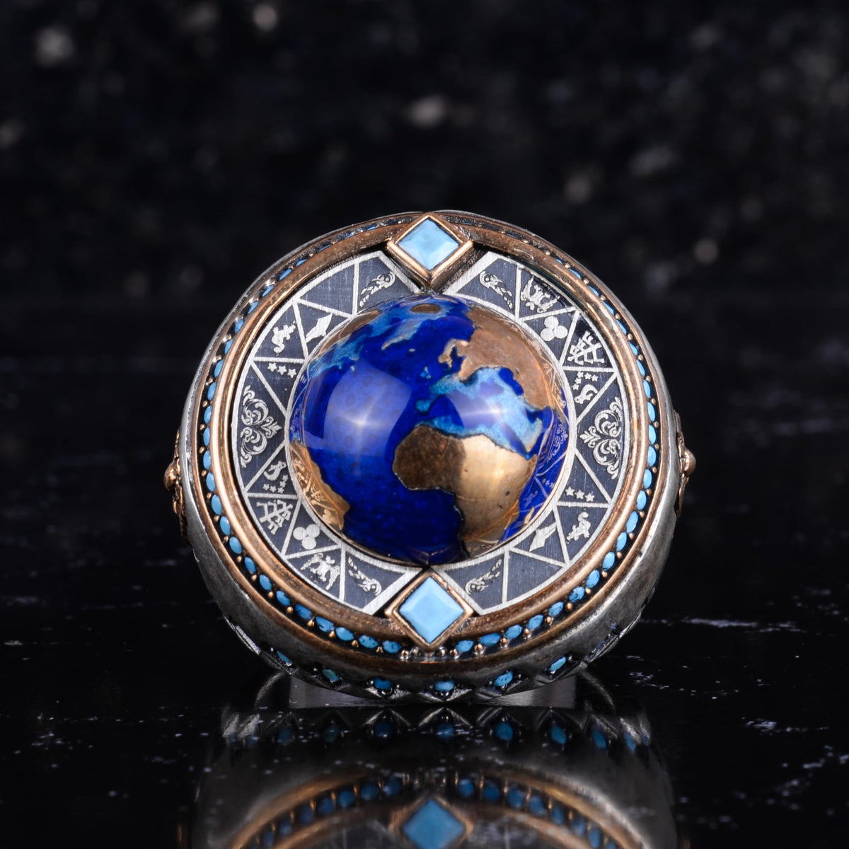 KAMBO World Map Men's Ring – Eagle Symbol, Blue Enamel Globe Design with Bronze Details 925 Sterling Silver Oval Seal Ring – Handmade Statement Jewelry — 4