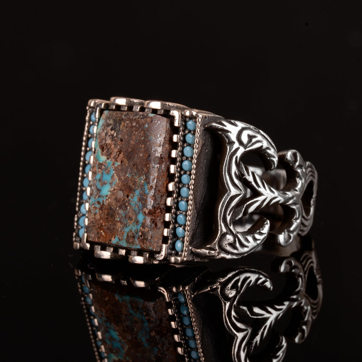 Rectangular Silver Ring, 925 Sterling Natural Arizona Turquoise Stone Ring (Model-3) — 3