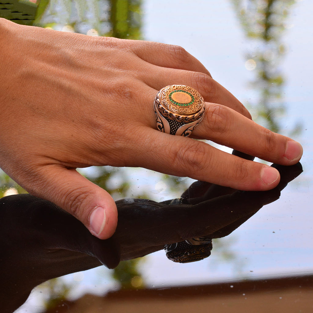 Handmade Silver Men's Ring | Copper and Green Stone Inlay | Bold and Stylish Design — 6