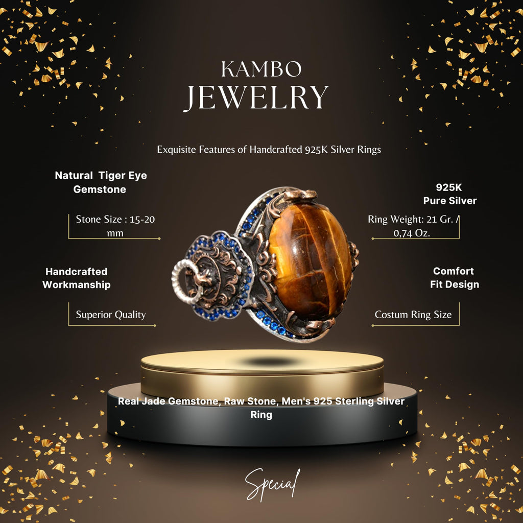 KAMBO Handmade 925 Sterling Silver Men's Ring with Genuine Tiger Eye Gemstone, Vintage Lion Design, Gold Plated Statemen