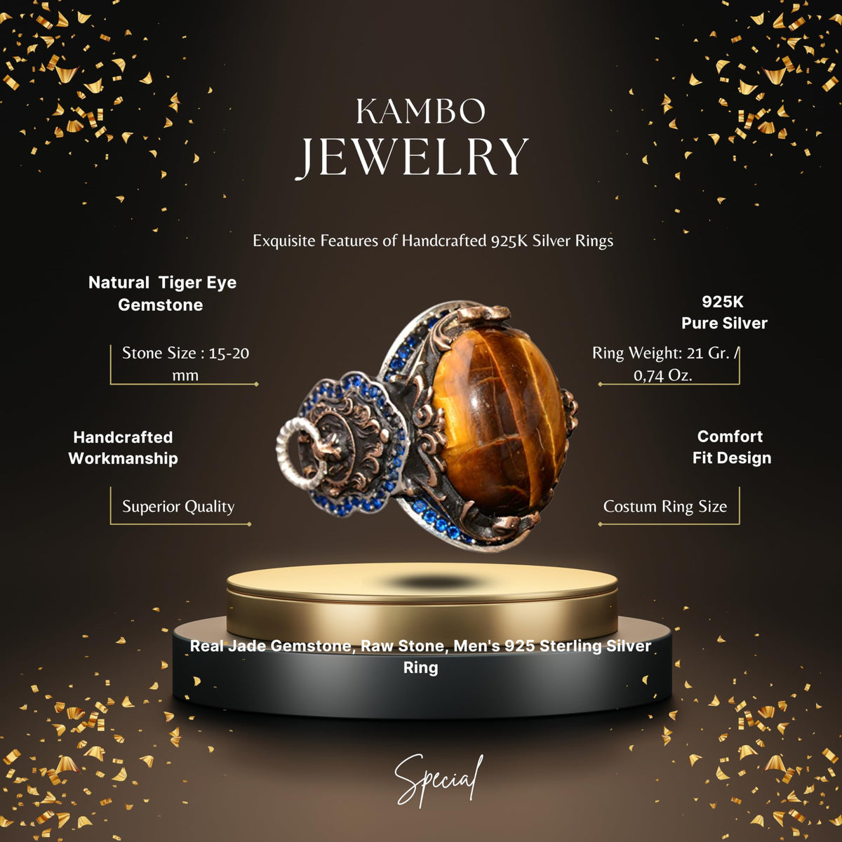 KAMBO Handmade 925 Sterling Silver Men's Ring with Genuine Tiger Eye Gemstone, Vintage Lion Design, Gold Plated Statemen