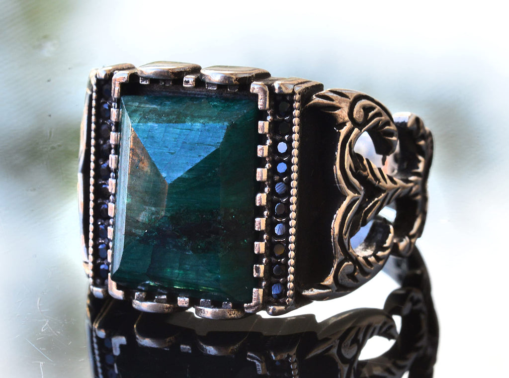 Natural Emerald Stone Silver Men's Ring — 3