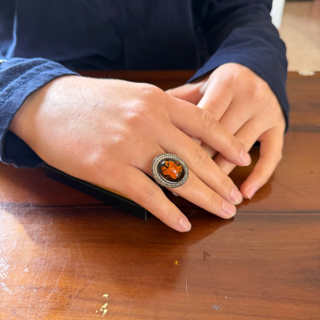 KAMBO Natural Amber Rose Carved Women's Ring 925 Sterling Silver Large Oval Stone Halo Design Handmade Vintage Jewelry — 3