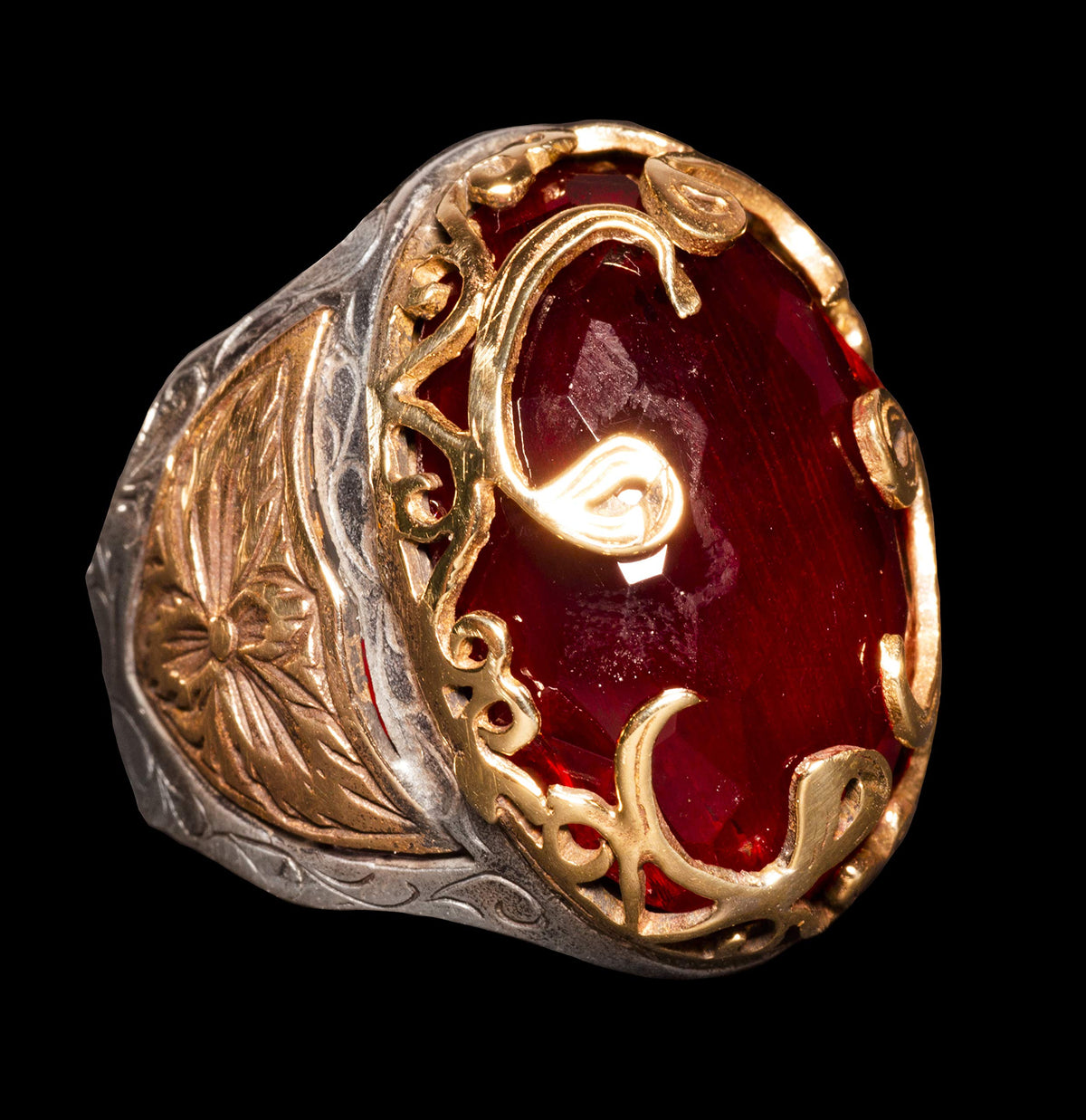 KAMBO Handmade 925 Sterling Silver Unisex Garnet Ring, Vintage Ottoman Empire Religious Design, Statement and Women, Uni