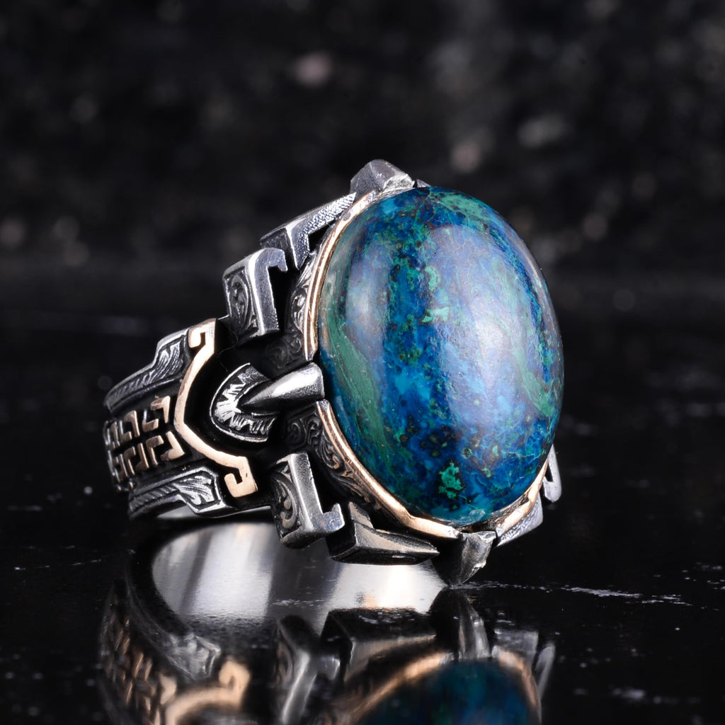 KAMBO Natural Stone Ring 925 Sterling Silver – Handmade Men's Statement Ring Healing Jewelry (Azurite) — 6