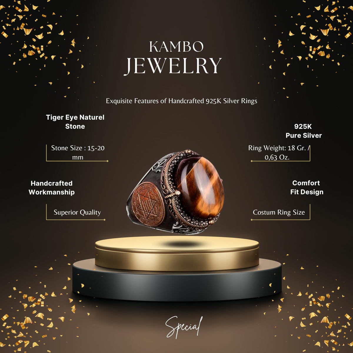 KAMBO Natural Gemstone Ring, Star of David Men's Design - Unique 925K Solid Sterling Silver Bold Courage Ring for Him