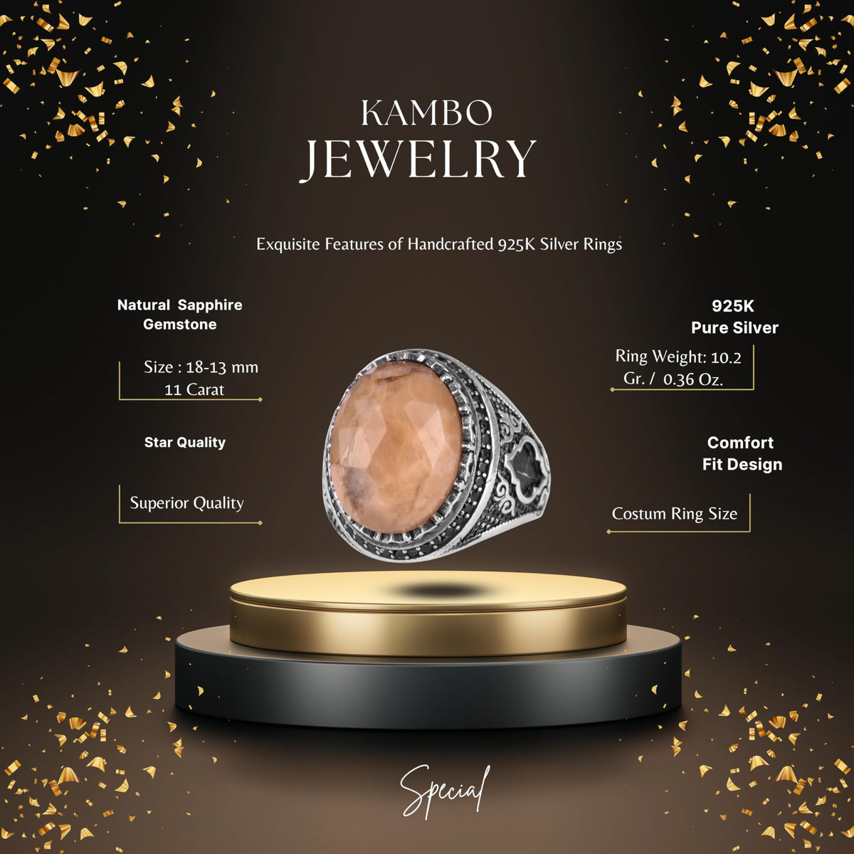 KAMBO Natural Sapphire Men's Ring – 925 Sterling Silver Oval Handmade Stone Statement Ring (Sapphire-4) — 2