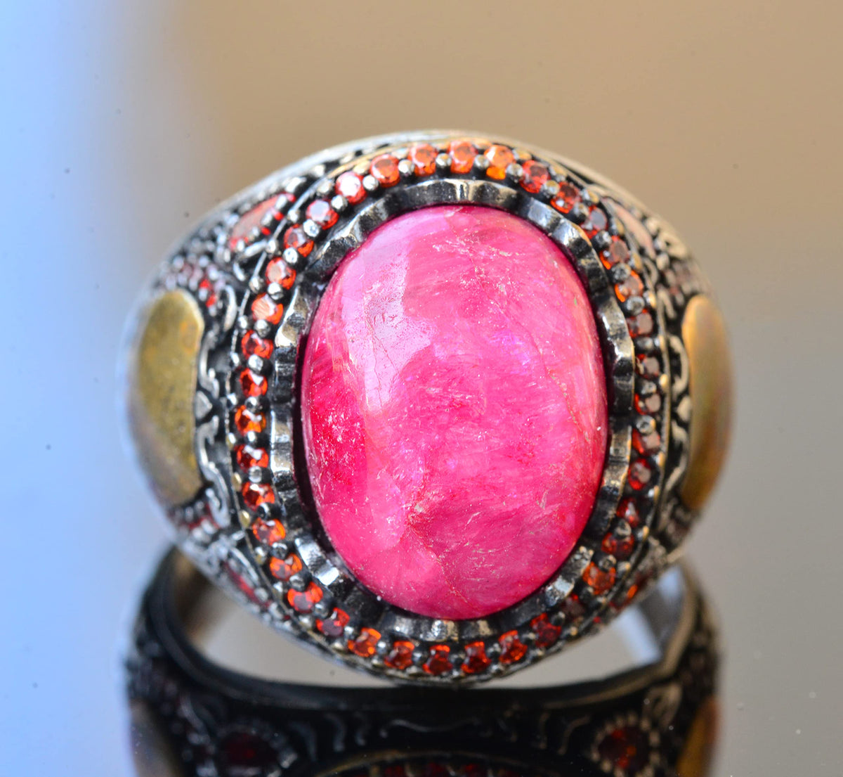 Real Ruby Stone Ring - Vintage Style 925 Sterling Silver Men's Ring — 5