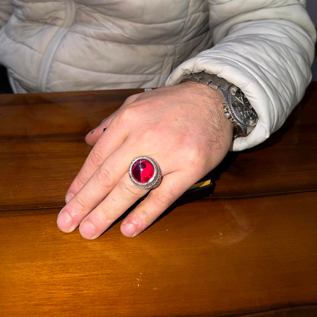 KAMBO Star Ruby Stone Round Men's Ring 925 Sterling Silver – Handmade Vintage Statement Ring – Ottoman Style Jewelry — 3