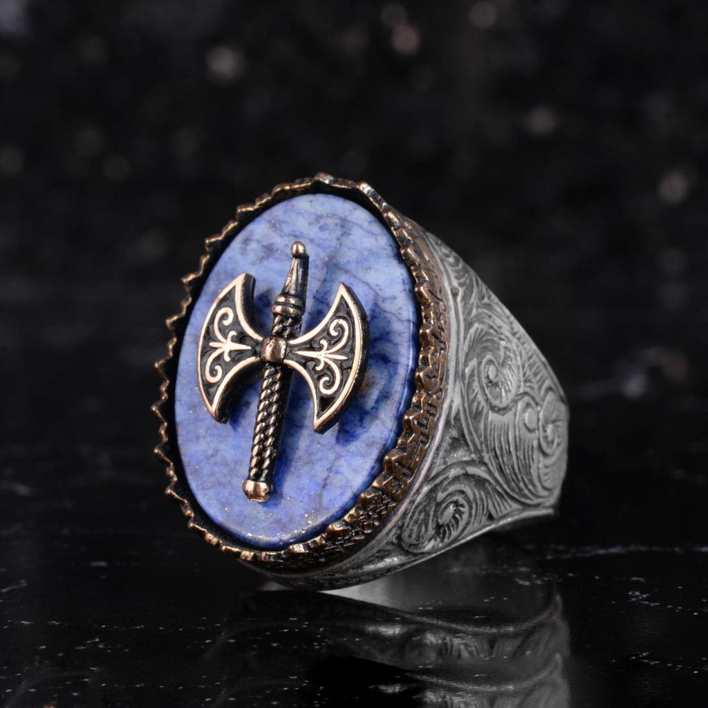 KAMBO Natural Stone 925 Sterling Silver Men's Ring – Large Oval Stone Symbolic Statement Ring (Lapis Lazuli-2) — 5