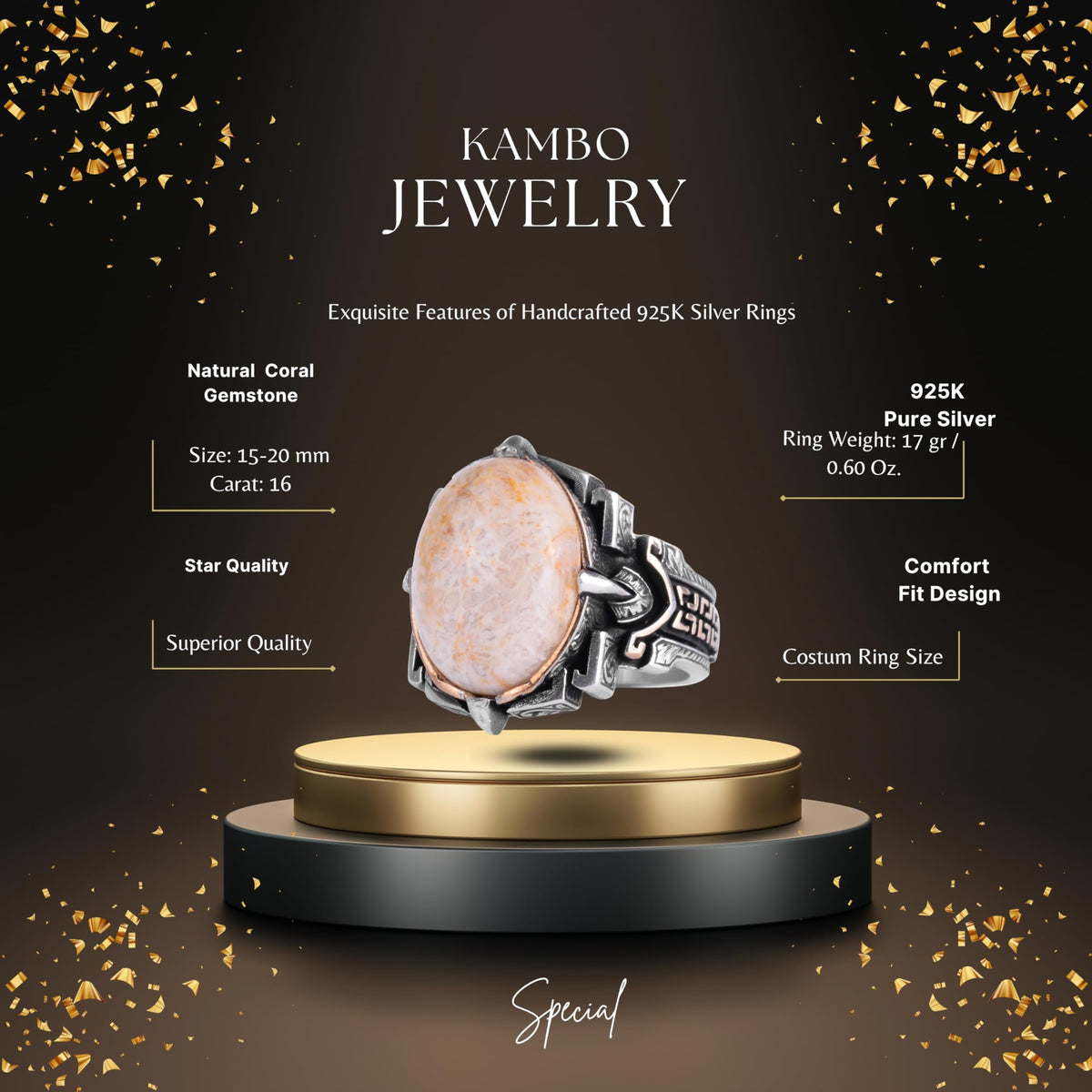 KAMBO Natural Stone Ring 925 Sterling Silver – Handmade Men's Statement Ring Healing Jewelry (Coral) — 2