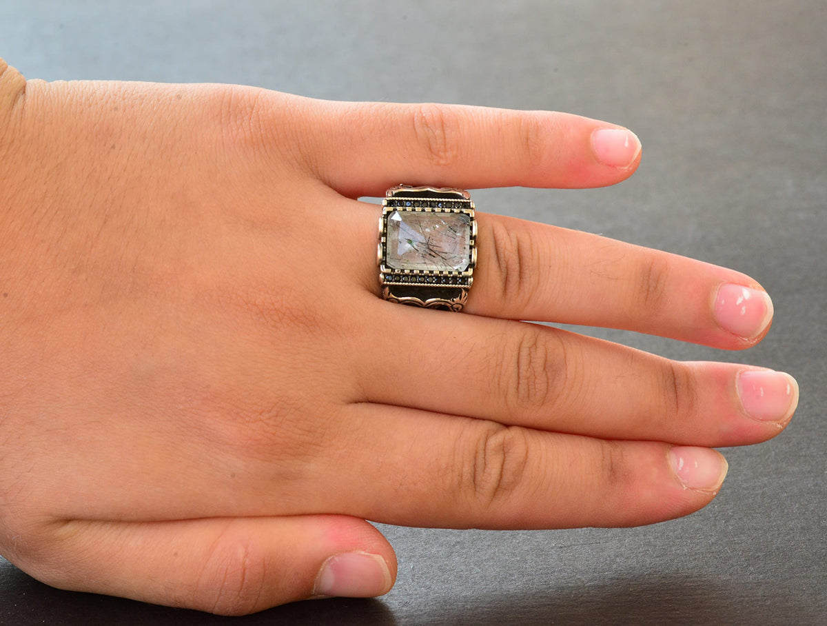 Rutilated Quartz Rectangular Stone Ring - Silver Men's Ring — 6