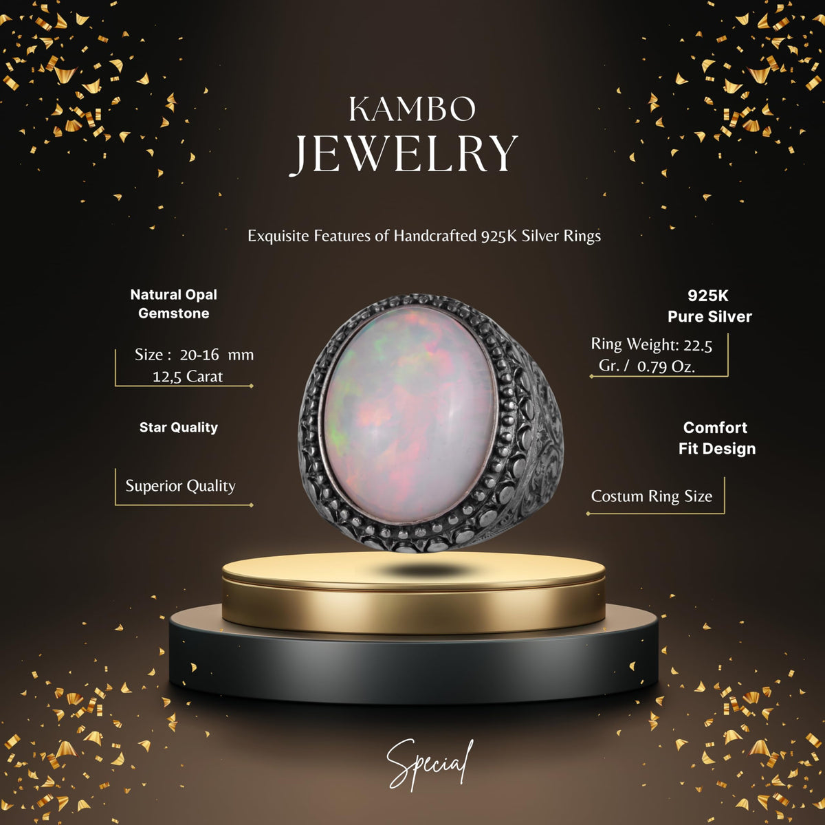 KAMBO Men's Natural Opal Stone Ring – 925 Sterling Silver Handmade Statement Ring – Large Oval Opal Ring for Men — 2