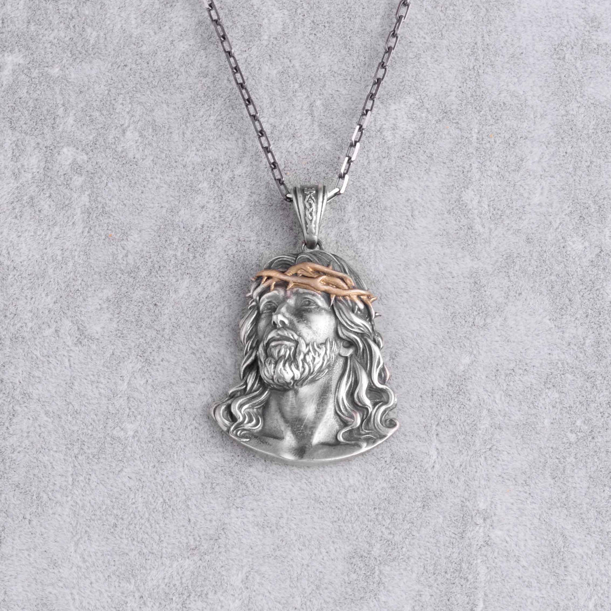 KAMBO 925 Sterling Silver Jesus Christ Necklace for Men - Cable Chain Thorn Crown Religious Jewelry (Gold Plated) — 4