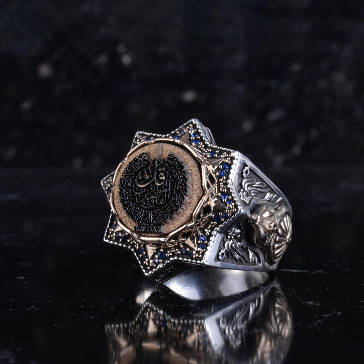 KAMBO 925 Sterling Silver Arabic Calligraphy Star Shaped Bronze Detailed Large Men's Ring Religious Spiritual Statement Ring (Al-Falaq) — 5