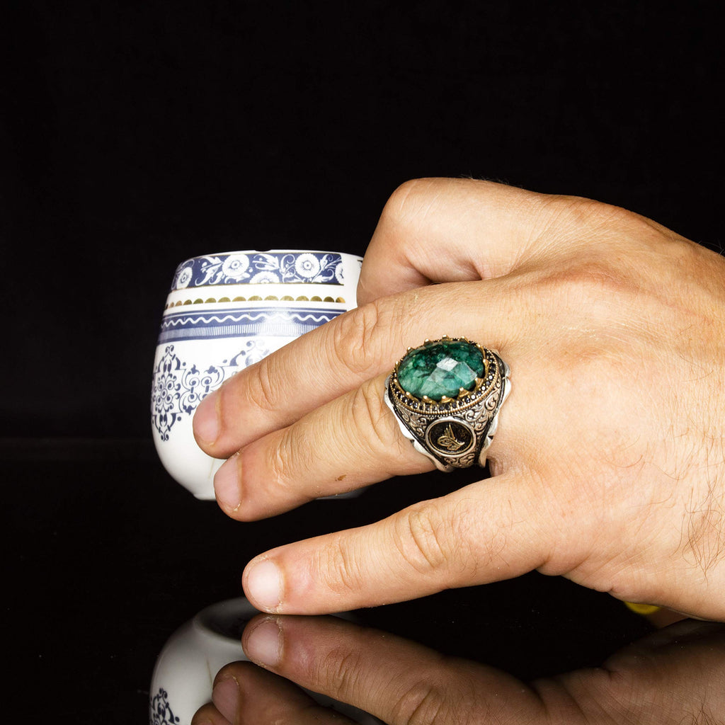 Natural Emerald Stone Silver Ring with Ottoman Tughra — 5